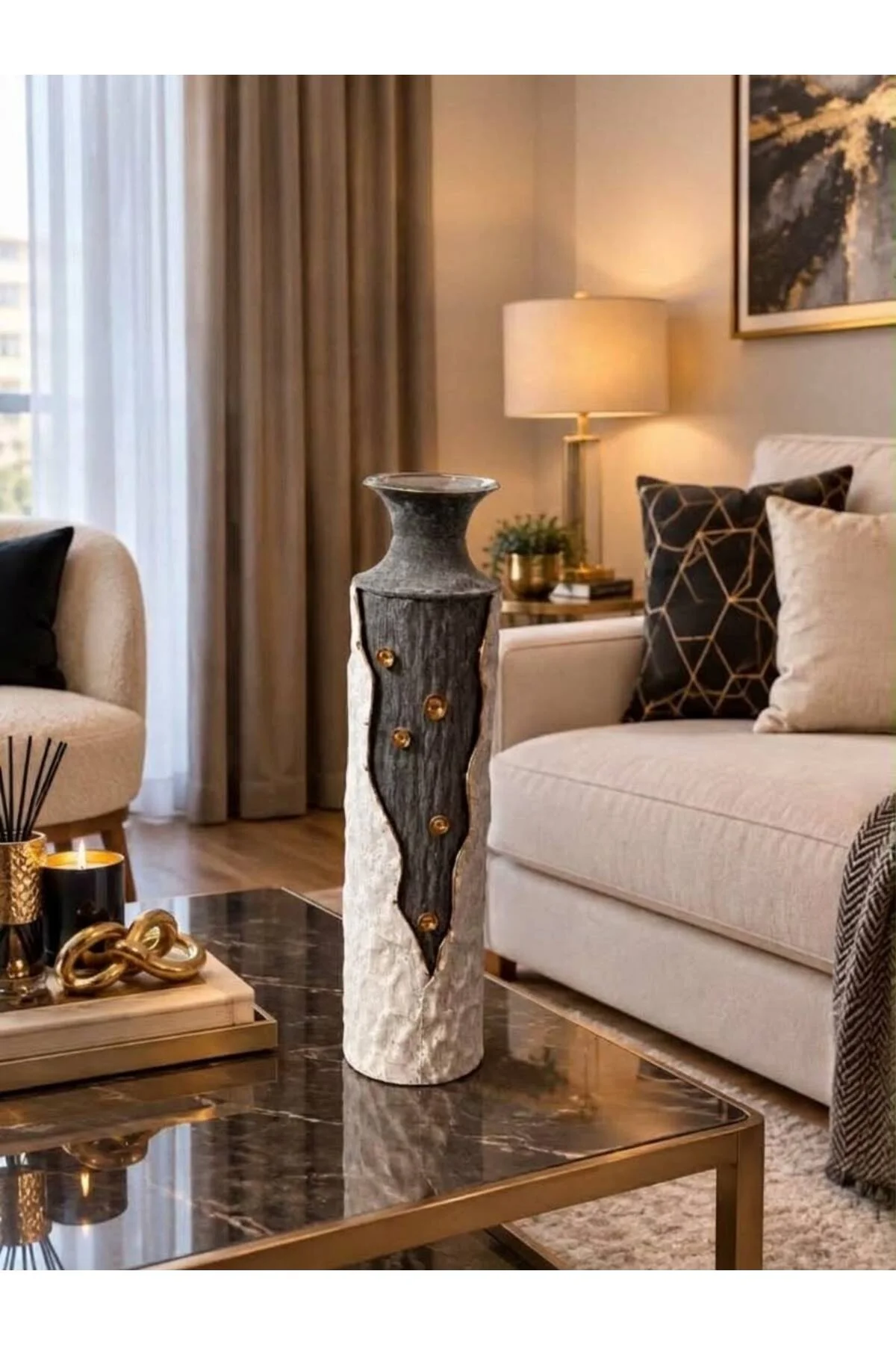 Metal Dekoratif Gri Gold Detaylı Vazo Küçük 55*14cm - Görsel 2