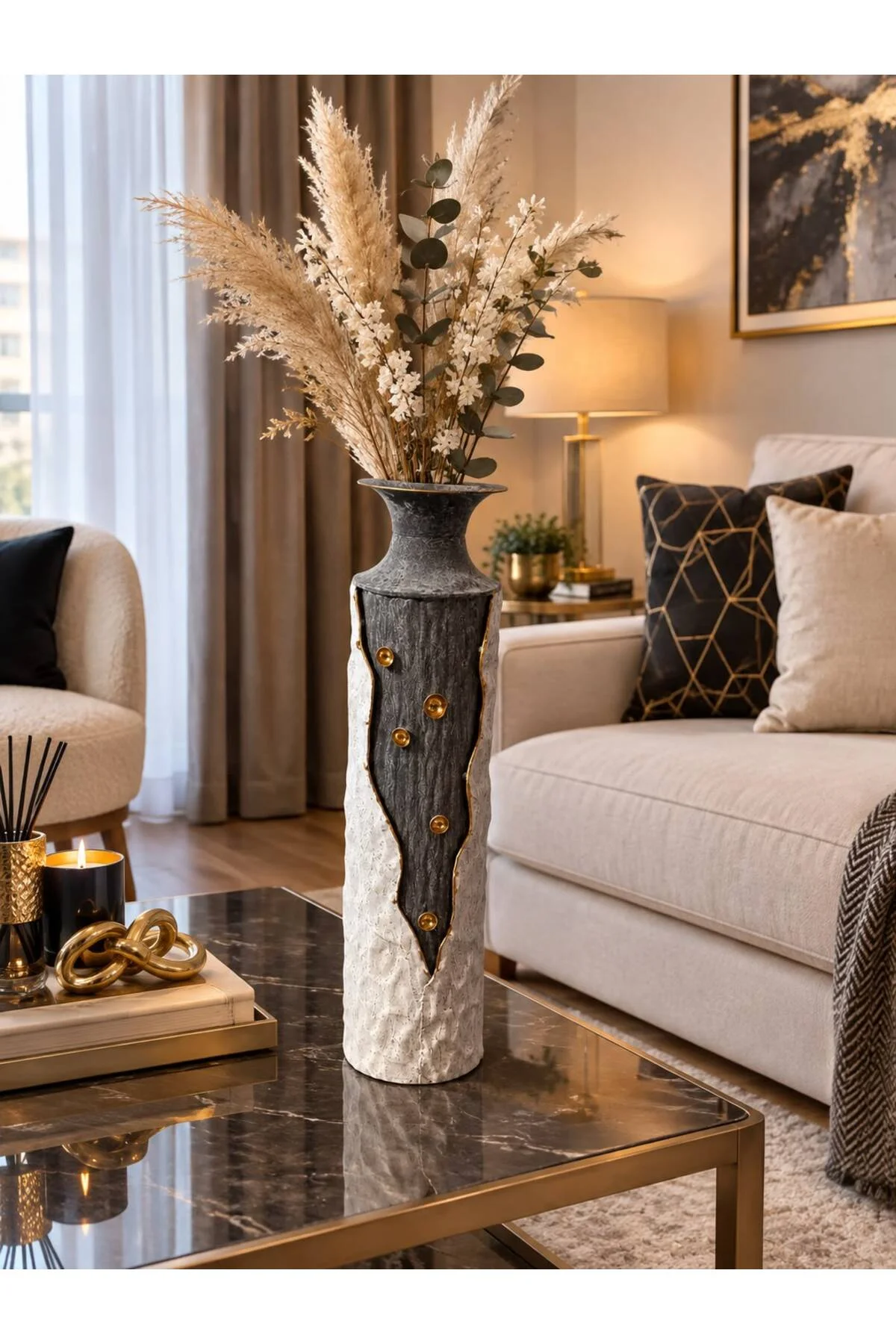 Metal Dekoratif Gri Gold Detaylı Vazo 65*16cm Metal Dekoratif Gri Gold Detaylı Vazo 65*16cm - Görsel 2