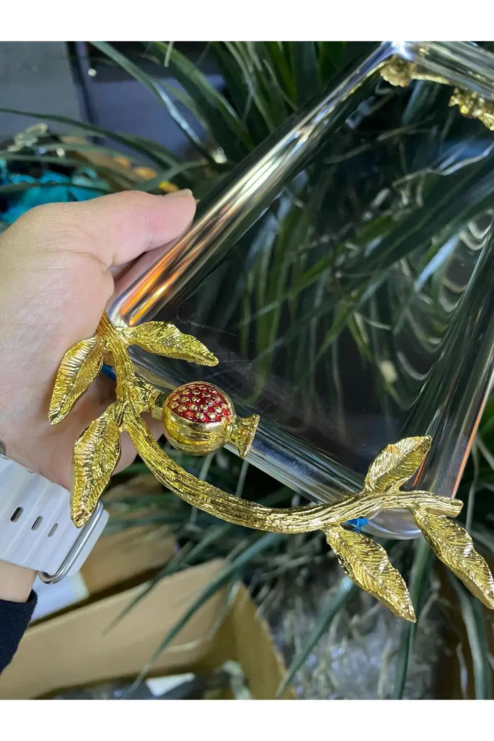 Metal Dikdörtgen Nar Dekorlu Kahve Sunum Tepsisi