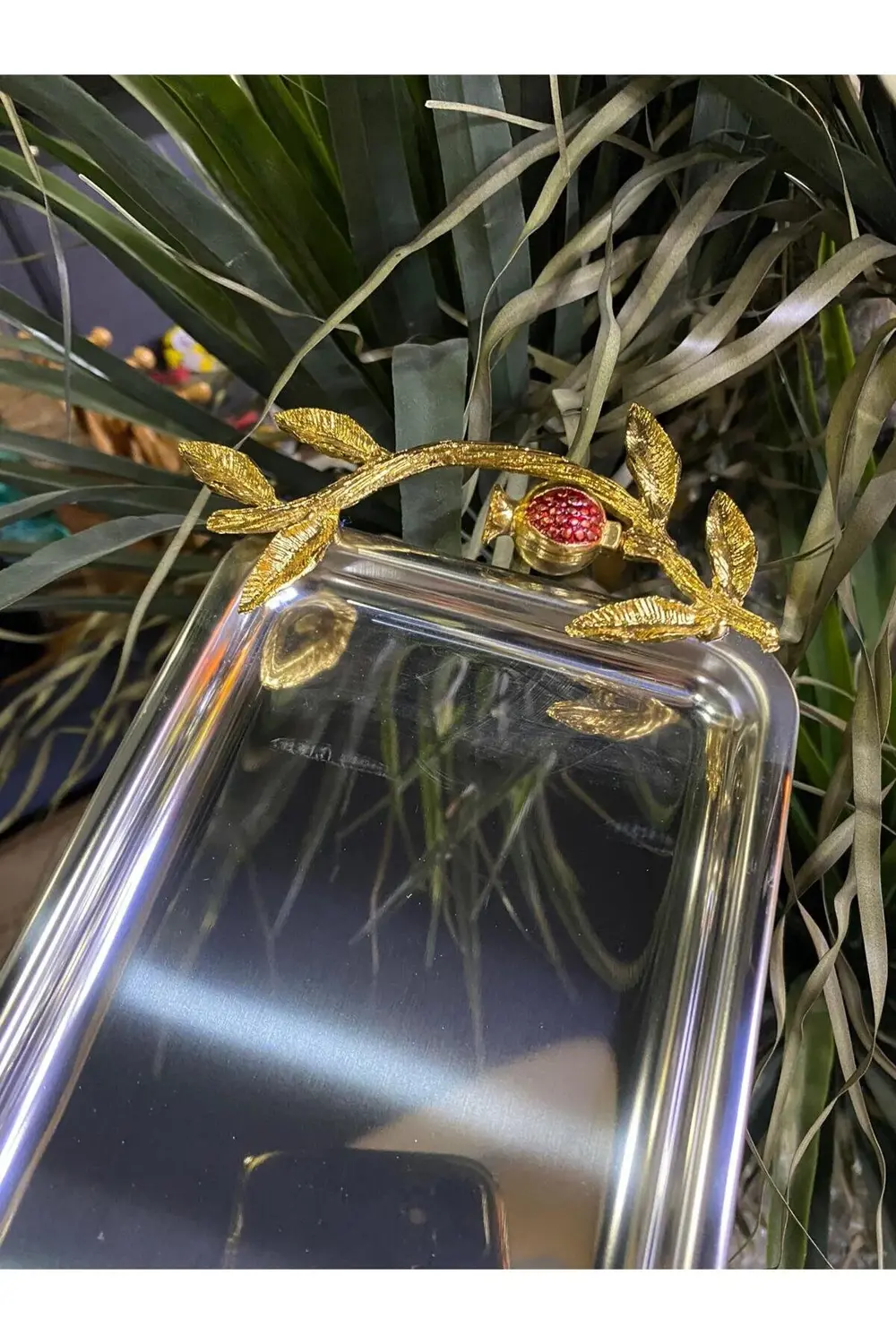 Metal Dikdörtgen Nar Dekorlu Kahve Sunum Tepsisi