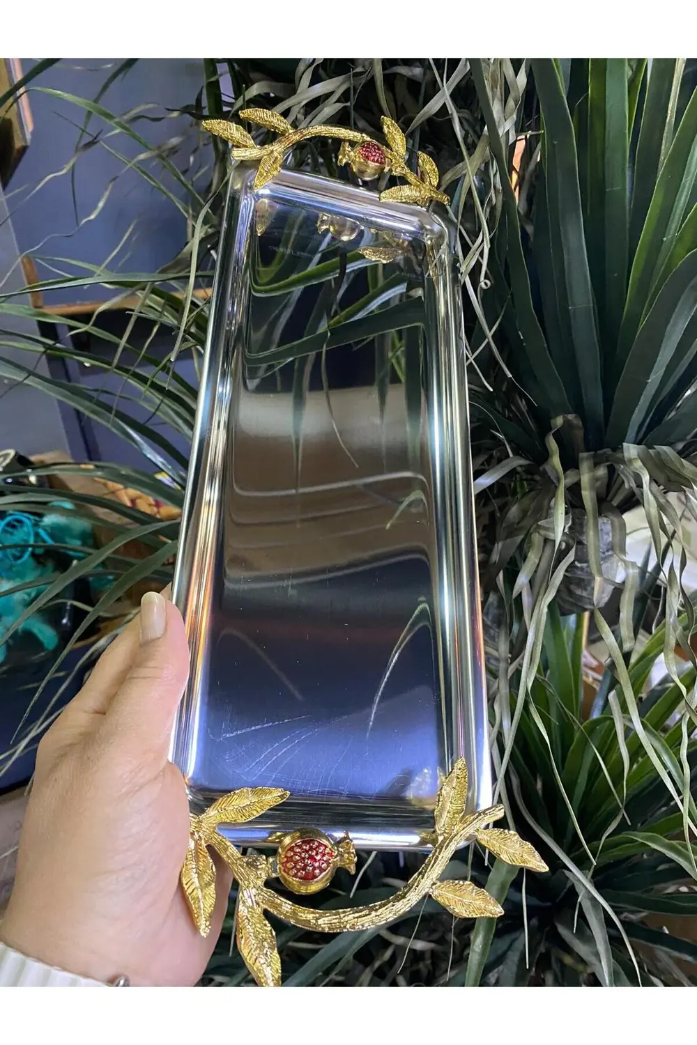 Metal Dikdörtgen Nar Dekorlu Kahve Sunum Tepsisi