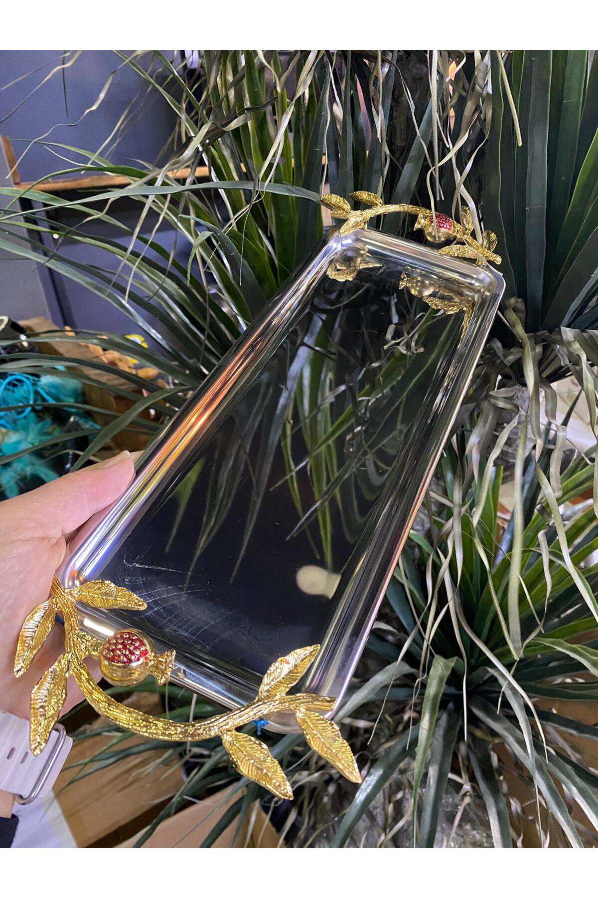 Elif Aksesuar Metal Dikdörtgen Nar Dekorlu Kahve Sunum Tepsisi