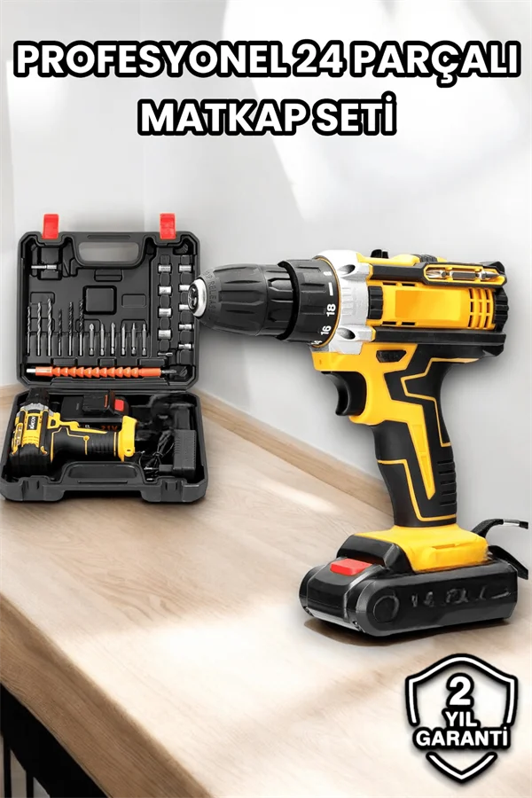 Metal Dişli 24W Akülü Matkap -Çift Bataryalı ve LED Çalışma Işığı ile Tam Set Metal Dişli 24W Akülü Matkap -Çift Bataryalı ve LED Çalışma Işığı ile Tam Set