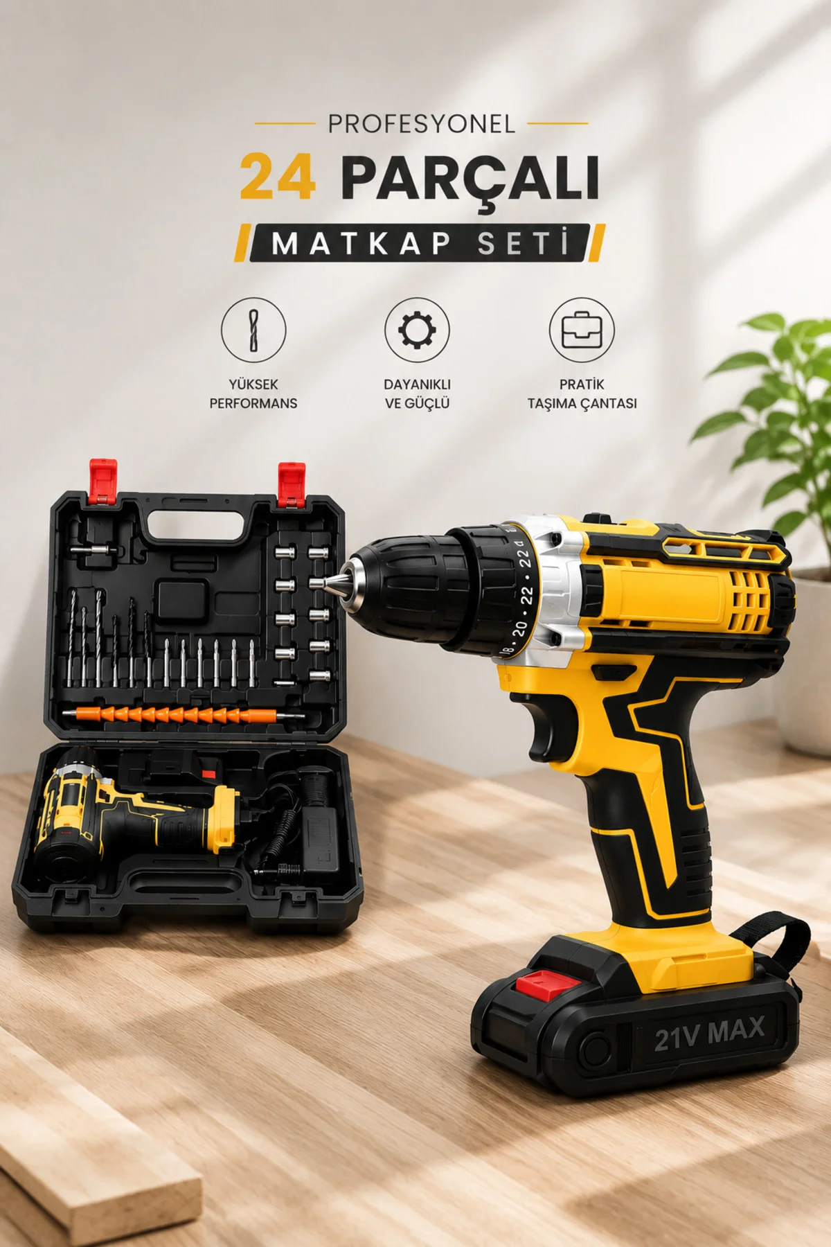 Metal Dişli 24W Akülü Matkap -Çift Bataryalı ve LED Çalışma Işığı