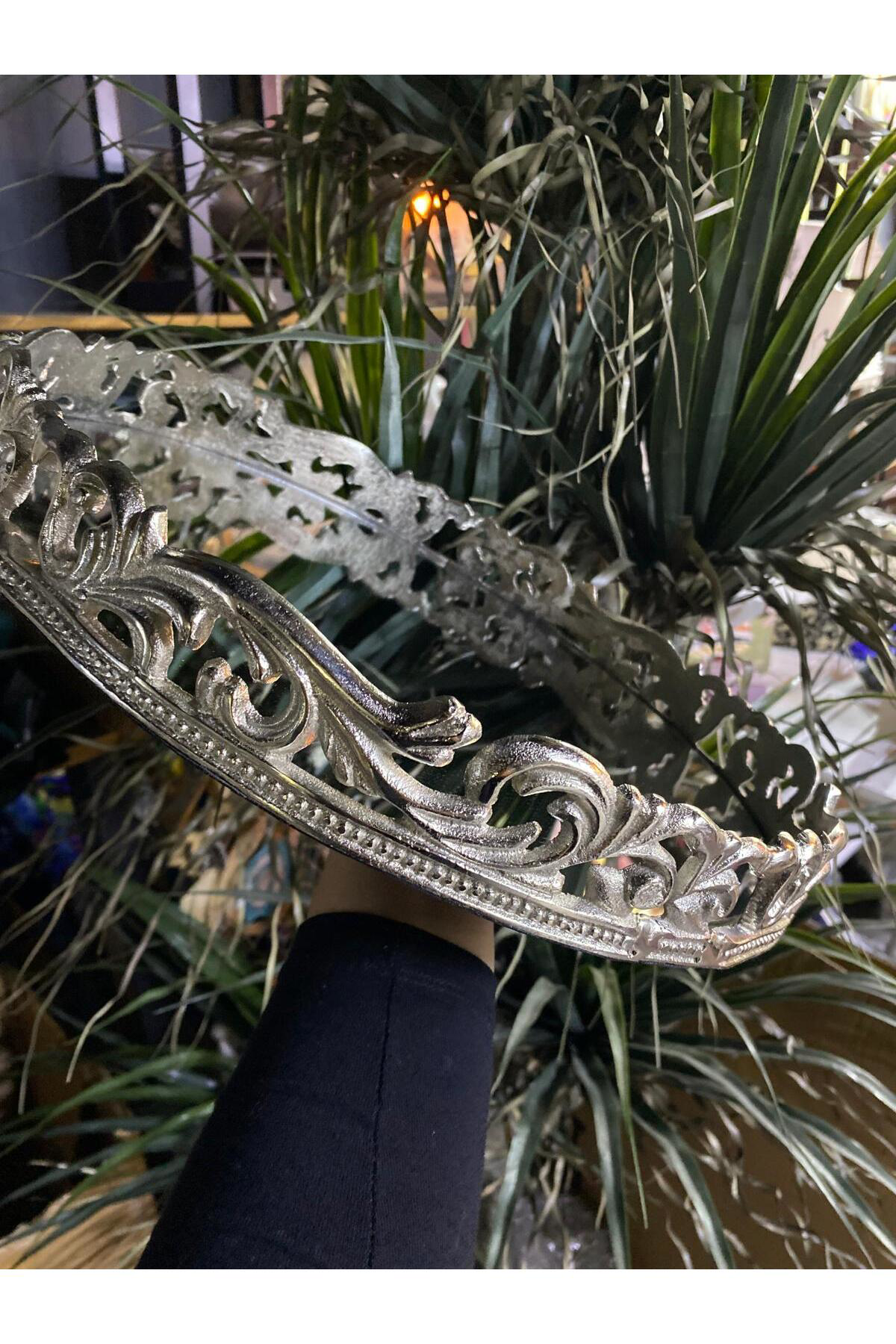 Elif Aksesuar Metal Döküm Aynalı Tepsi Silver 38*5Cm