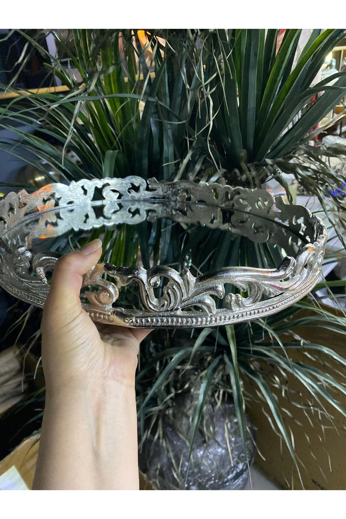 Elif Aksesuar Metal Döküm Aynalı Tepsi Silver 38*5Cm