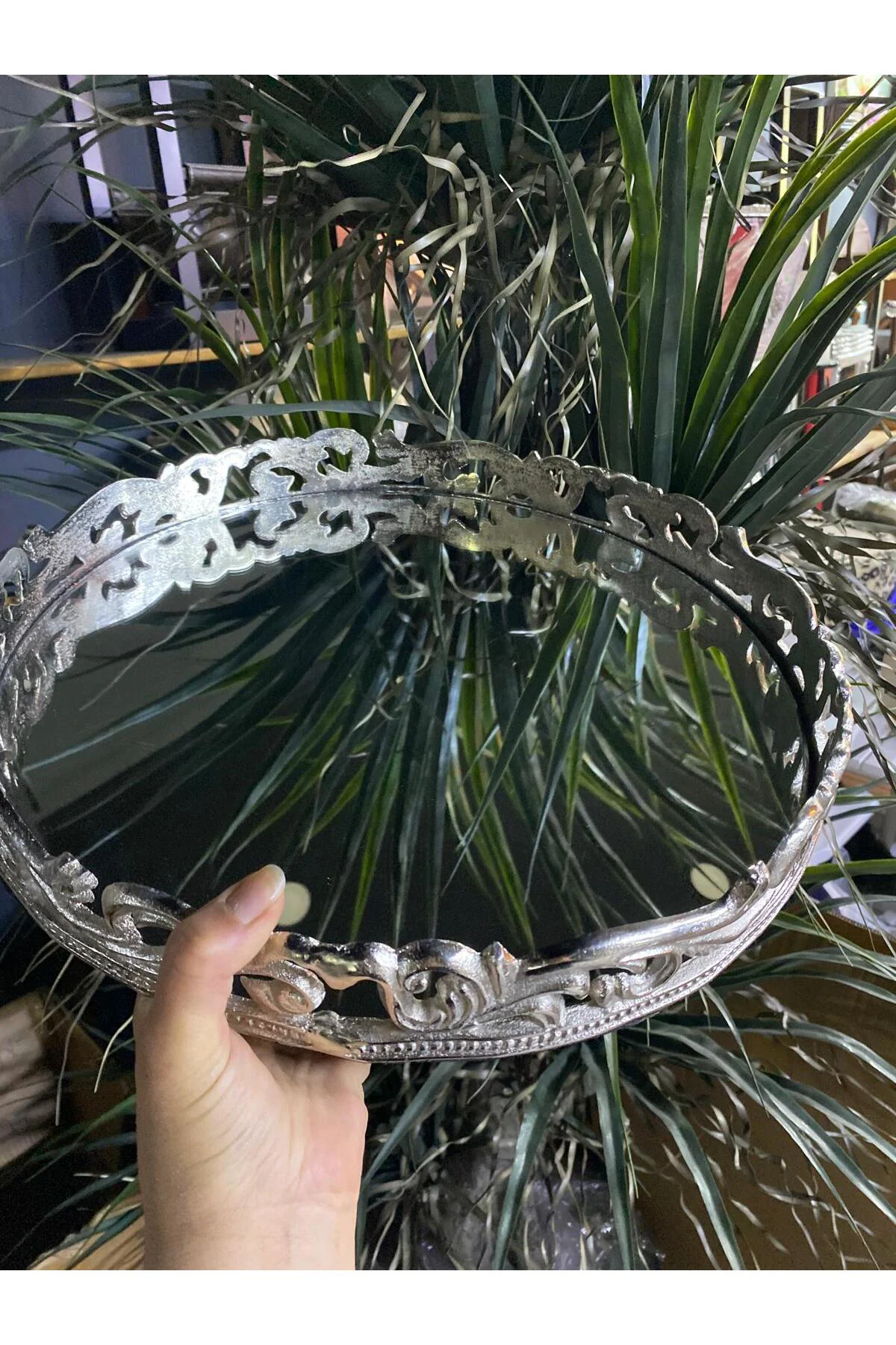 Metal Döküm Aynalı Tepsi Silver 38*5cm
