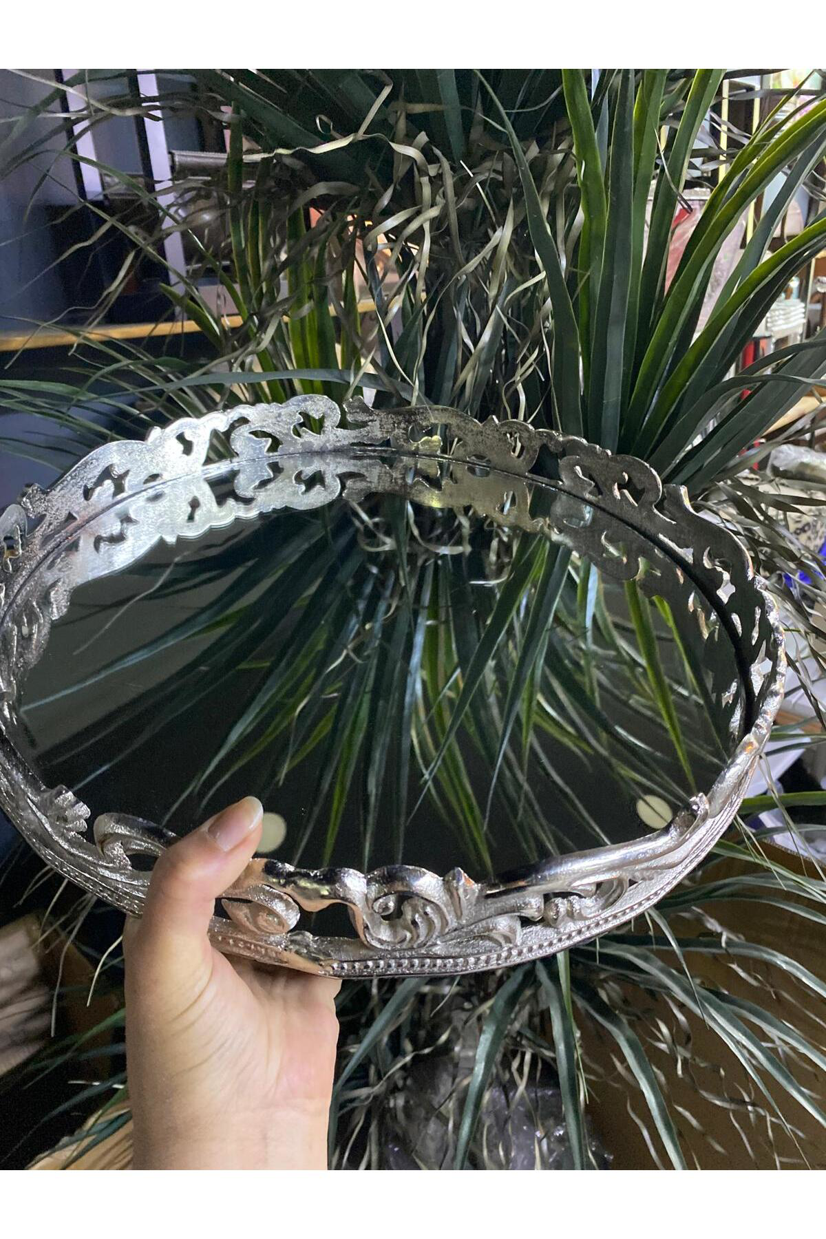Elif Aksesuar Metal Döküm Aynalı Tepsi Silver 38*5Cm