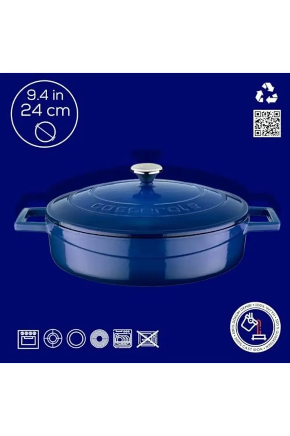 Metal Döküm Çok Amaçlı Yayvan Tencere, Trendy, 24 cm, 2.47 L, Mav