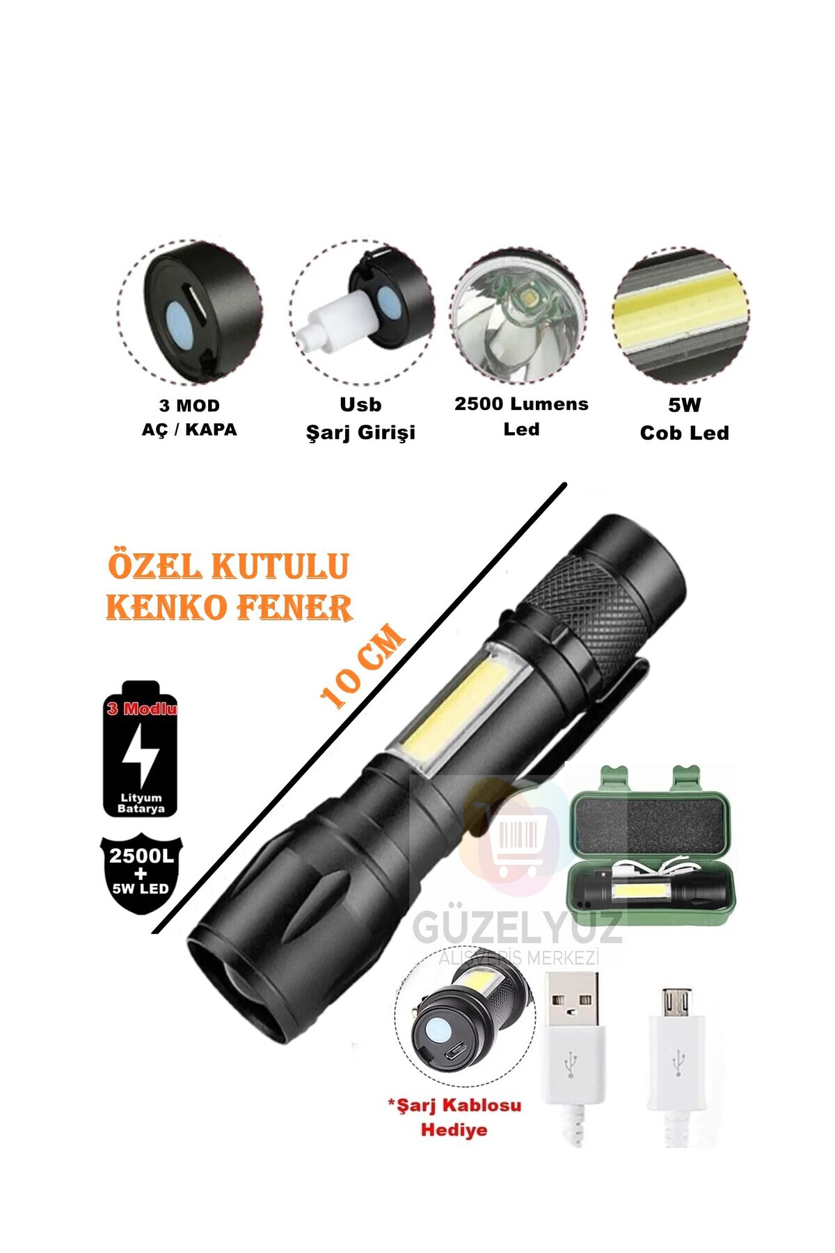 Metal El Feneri Ultra Güçlü Usb Şarjlı 2500 Lumen 5w Cob Led Avcı
