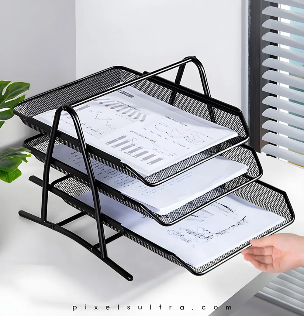 Metal Evrak Rafı Perfore 3 Katlı Hareketli Masaüstü Organizer - S