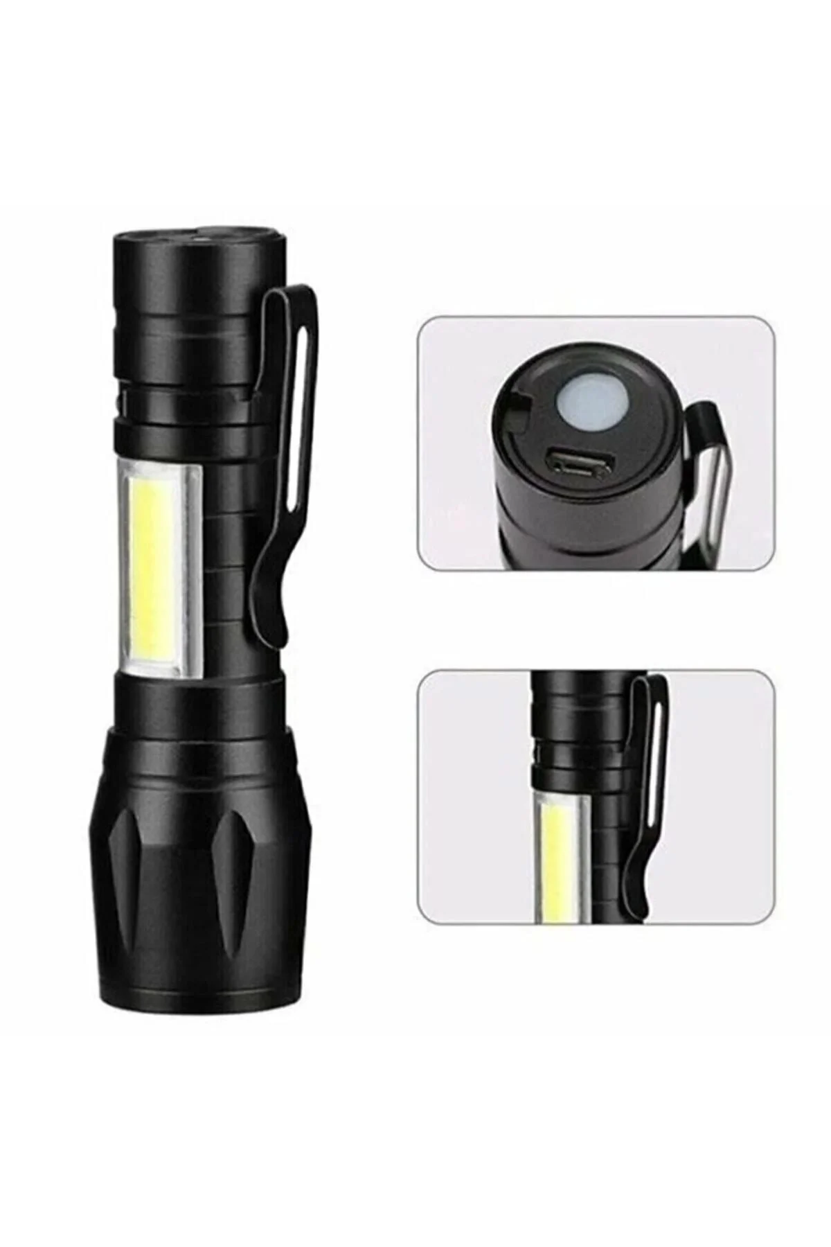 Metal Gövde USB Şarjlı Mini El Feneri Zoom Özellikli COB LED Kamp, Avcılık ve Deprem Çantası Feneri Metal Gövde USB Şarjlı Mini El Feneri Zoom Özellikli COB LED Kamp, Avcılık ve Deprem Çantası Feneri
