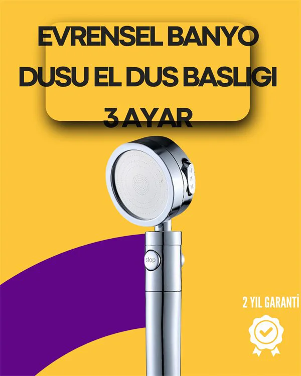 Metal Hortum Bağlantılı 360° Hareketli Duş Başlığı - Paslanmaz Çelik, 3 Modlu, Su Tasarrufu