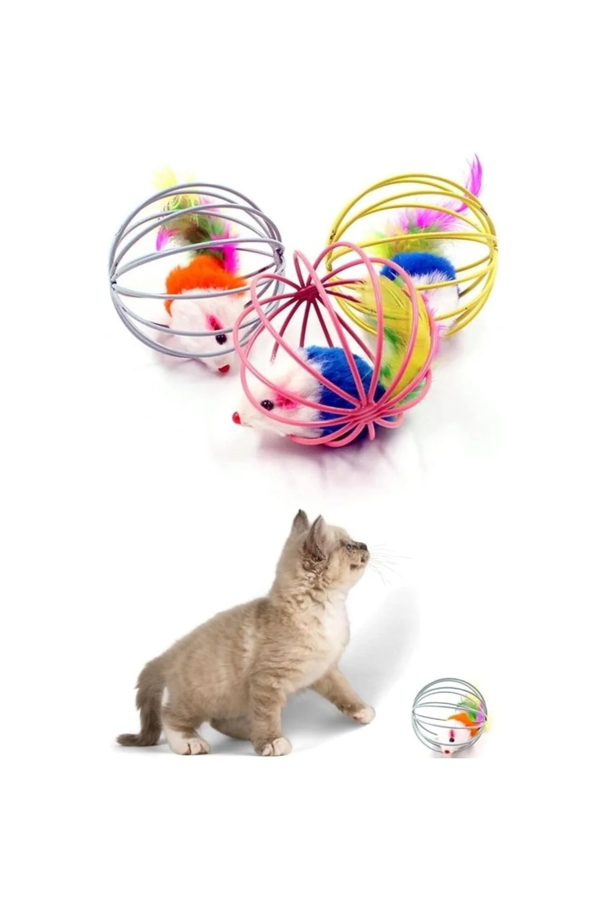 Metal Kafesli Peluş Fareli Kedi ve Köpek Oyuncağı – 6 cm Eğlencel