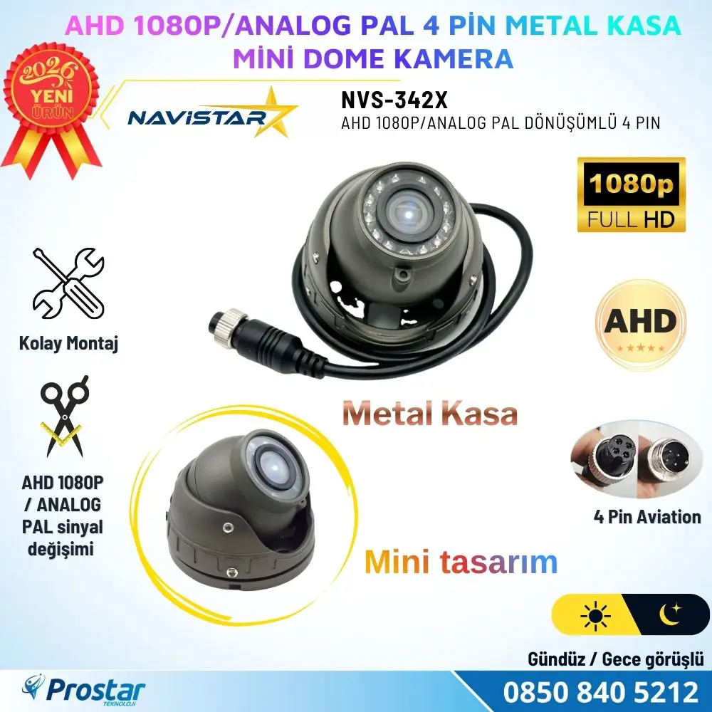 Metal Kasa AHD 1080P/Analog Pal Mini Dome Araç Kamerası 4 Pin Avi