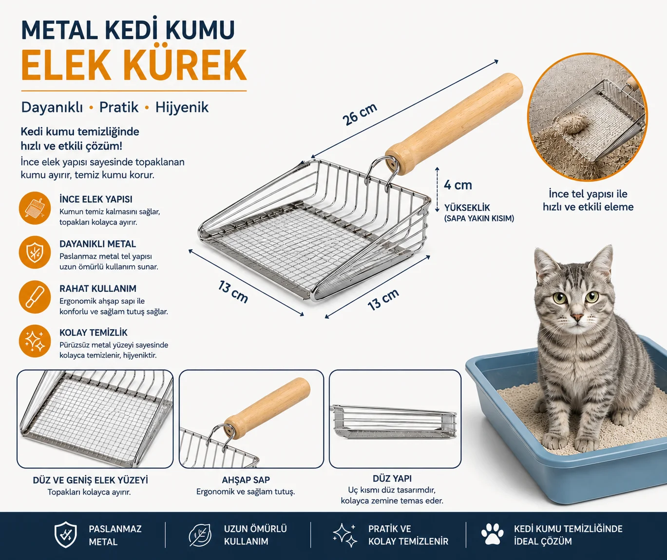 Metal Kedi Kumu Elek Kürek Ahşap Saplı Paslanmaz Kum Küreği 26 cm