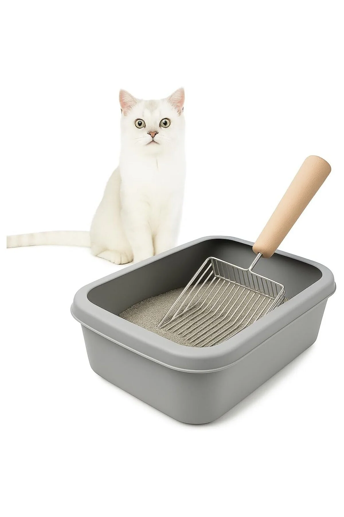 Metal Kedi Kumu Küreği Ahşap Saplı Dayanıklı Izgaralı Kedi Tuvaleti Temizleme Küre