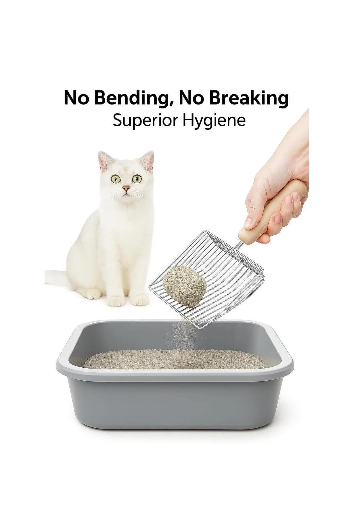 Metal Kedi Kumu Küreği Ahşap Saplı Dayanıklı Izgaralı Kedi Tuvaleti Temizleme Küre