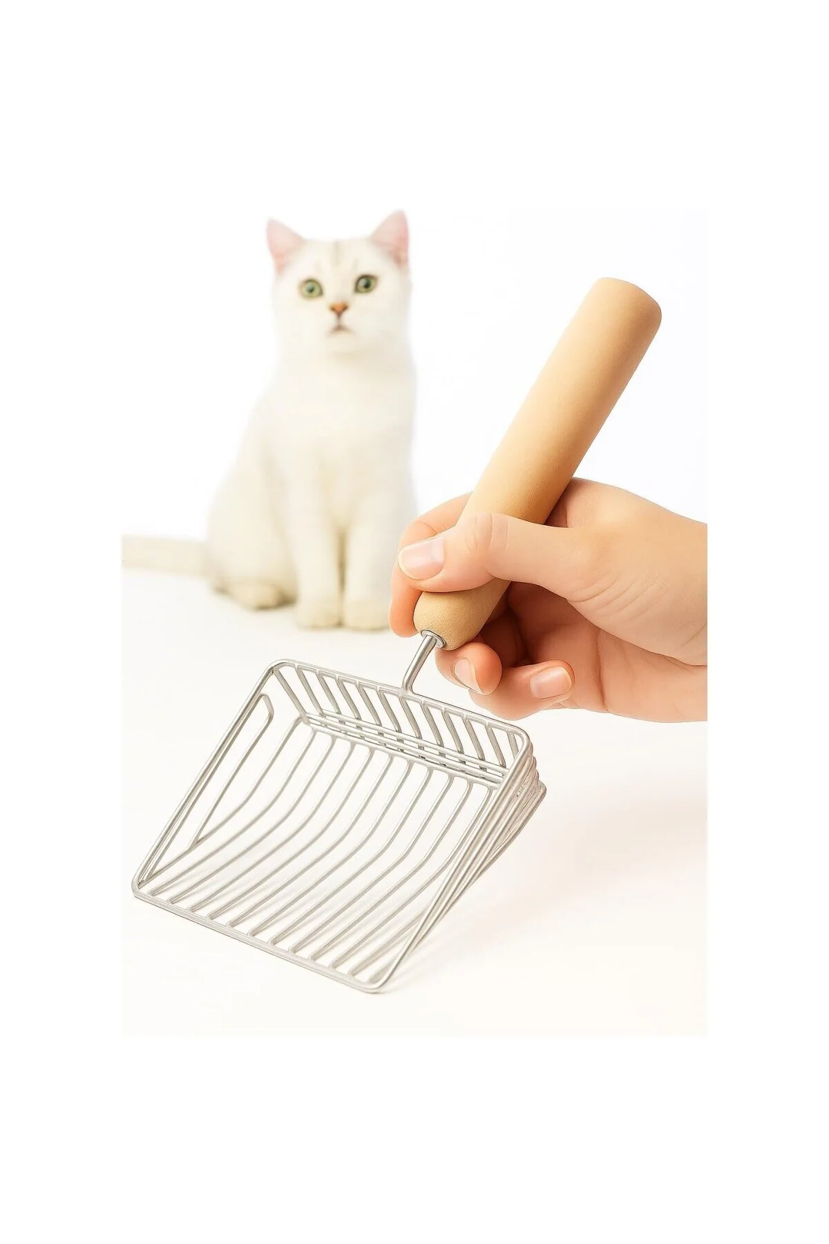 Metal Kedi Kumu Küreği Ahşap Saplı Dayanıklı Izgaralı Kedi Tuvaleti Temizleme Küre