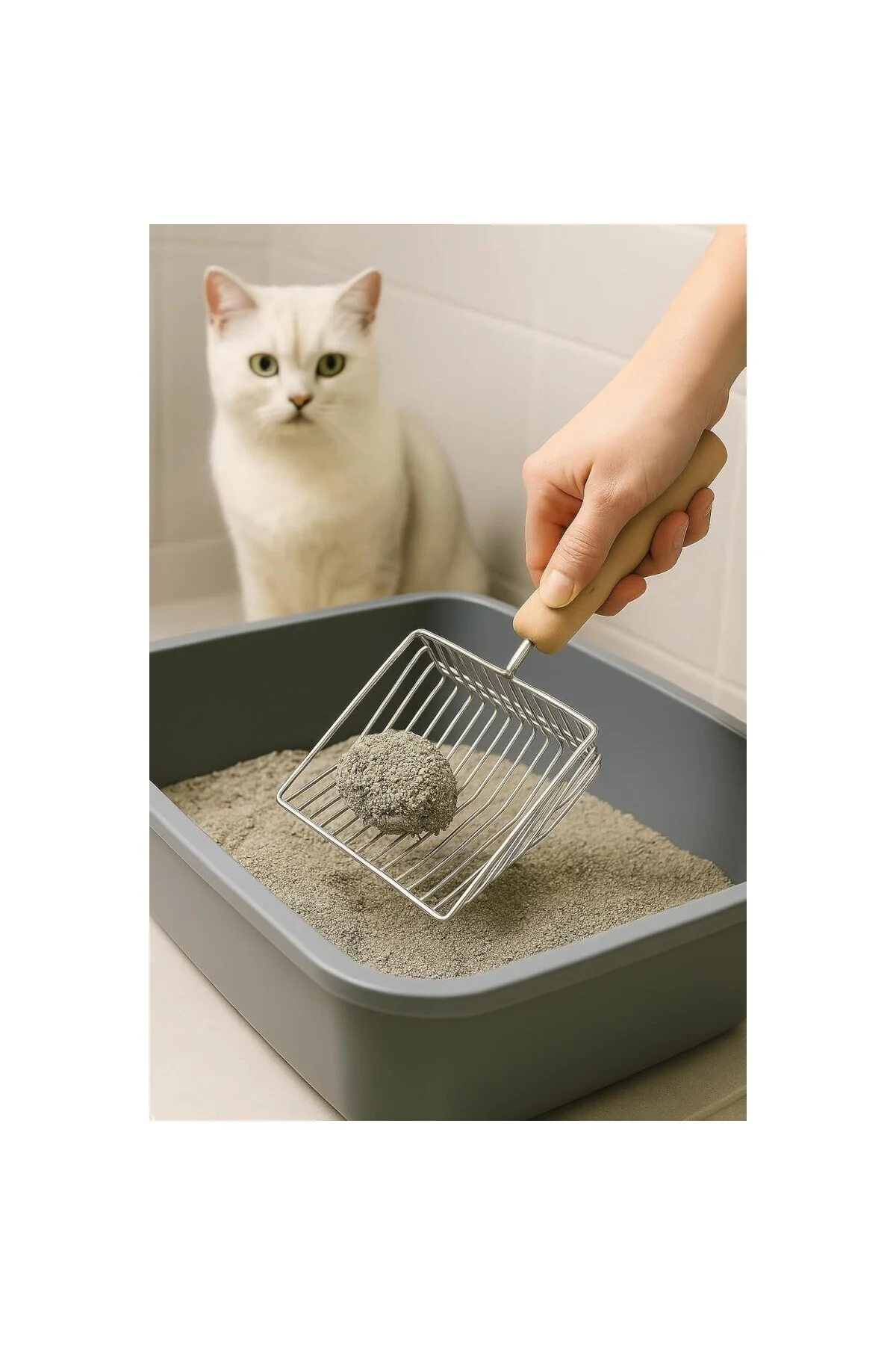Metal Kedi Kumu Küreği Ahşap Saplı Dayanıklı Izgaralı Kedi Tuvaleti Temizleme Küre