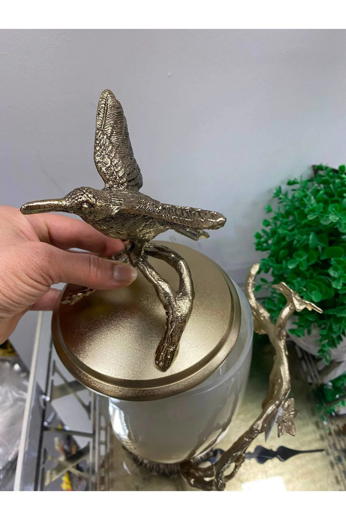Metal Kuşlu Leaf Cam Kapaklı Dekoratif Vazo 38 cm