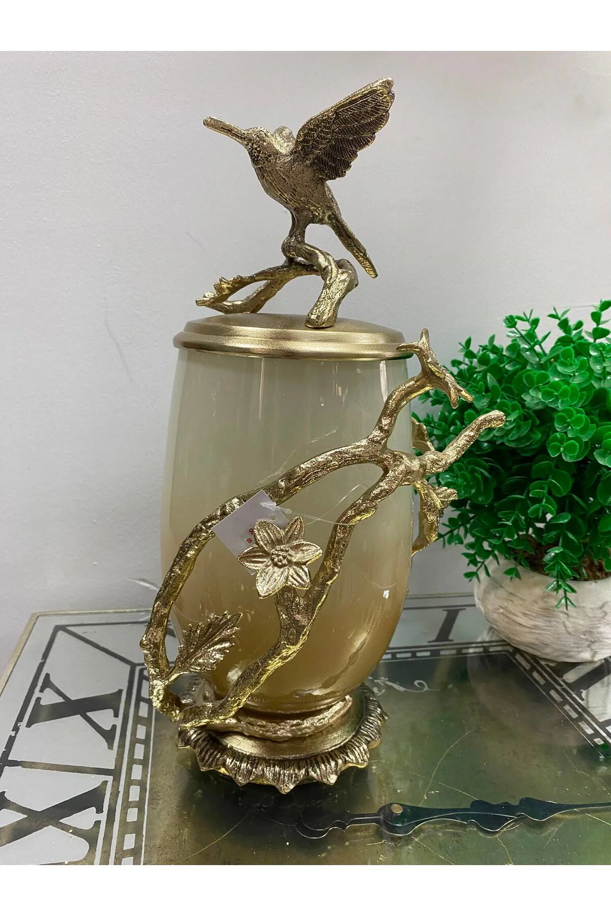 Metal Kuşlu Leaf Cam Kapaklı Dekoratif Vazo 38 cm