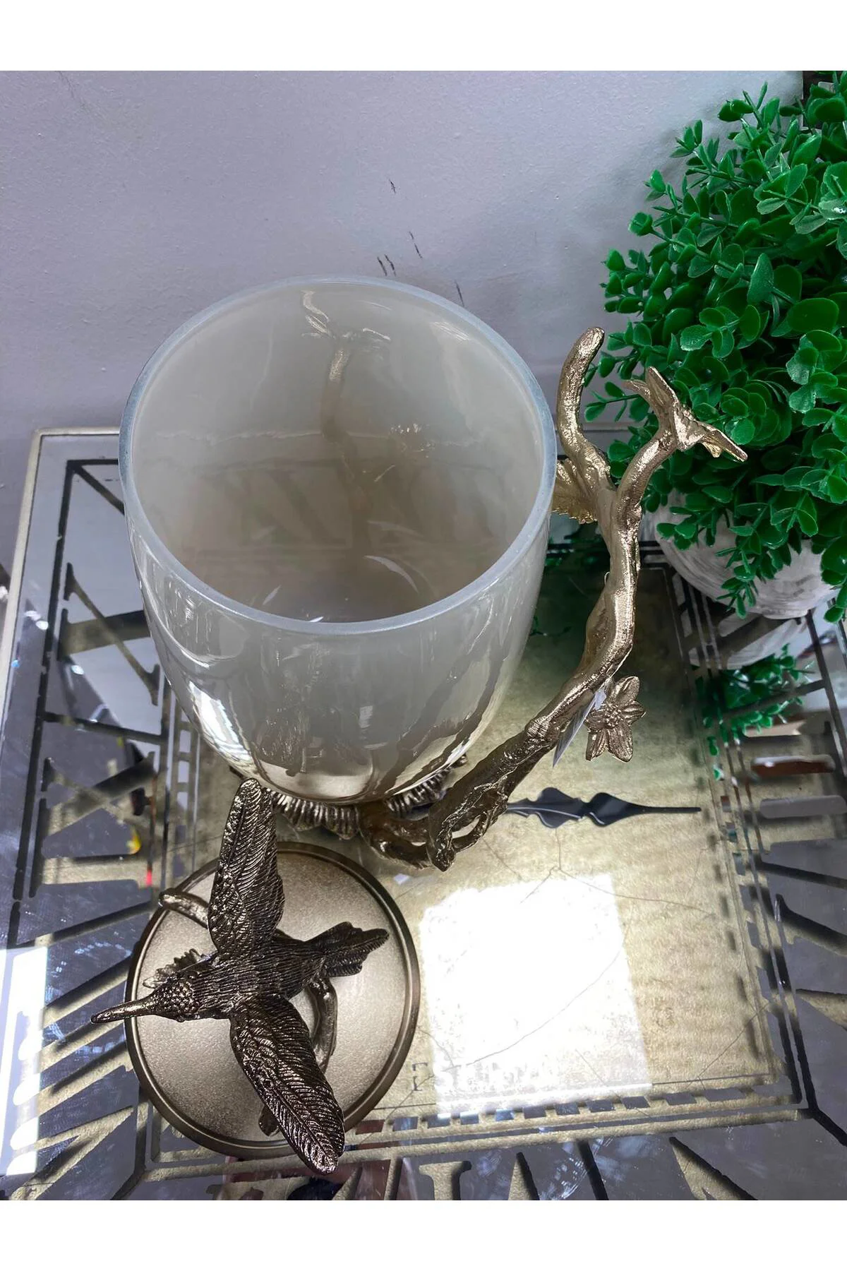 Metal Kuşlu Leaf Cam Kapaklı Dekoratif Vazo 38 cm