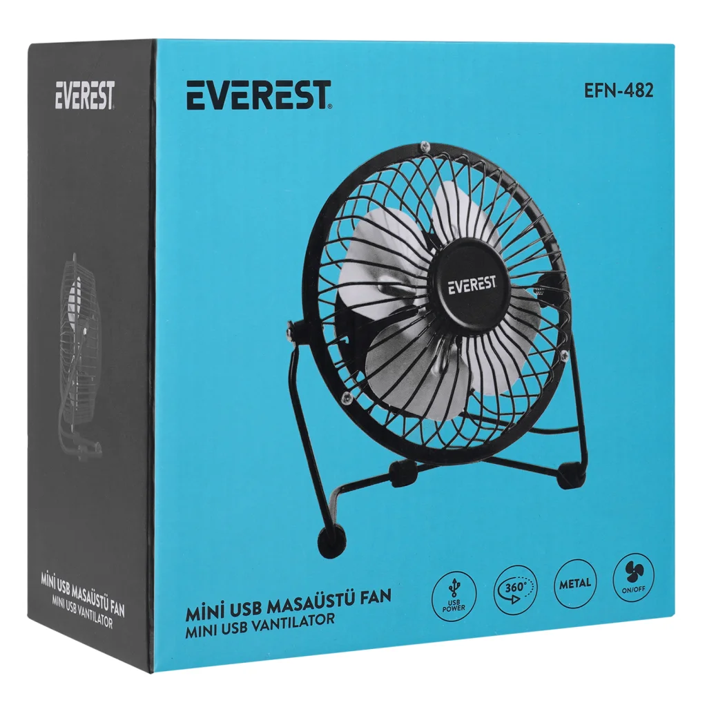 Metal Masaüstü USB Vantilatör, Sessiz Tasarım ve 360° Ayarlanabilir - Everest EFN-482