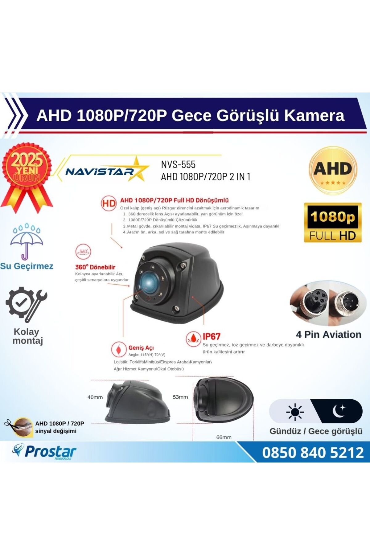 Navistar Metal Mini Gece Görüşlü Ahd 1080P/720P 4 Pin Soketli Yan İçin Uyg