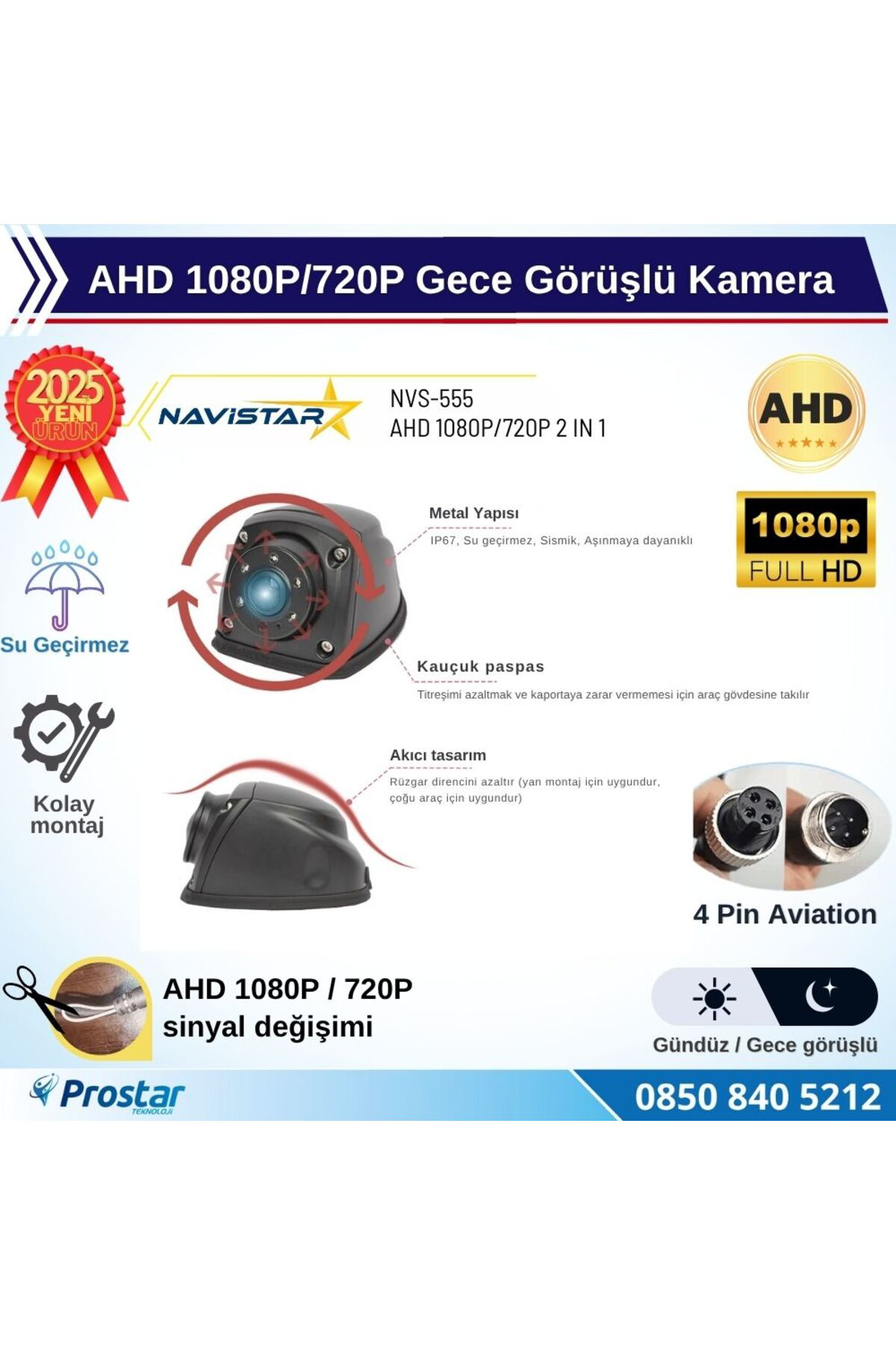 Navistar Metal Mini Gece Görüşlü Ahd 1080P/720P 4 Pin Soketli Yan İçin Uyg