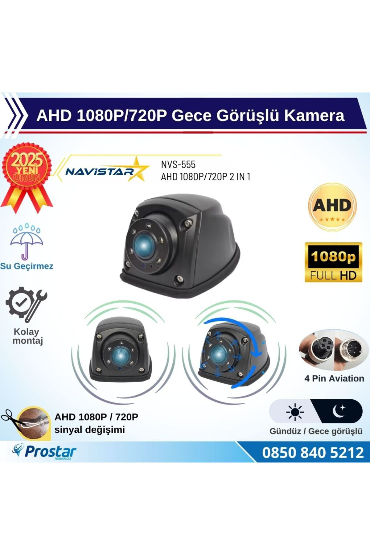 Navistar Metal Mini Gece Görüşlü Ahd 1080P/720P 4 Pin Soketli Yan İçin Uyg