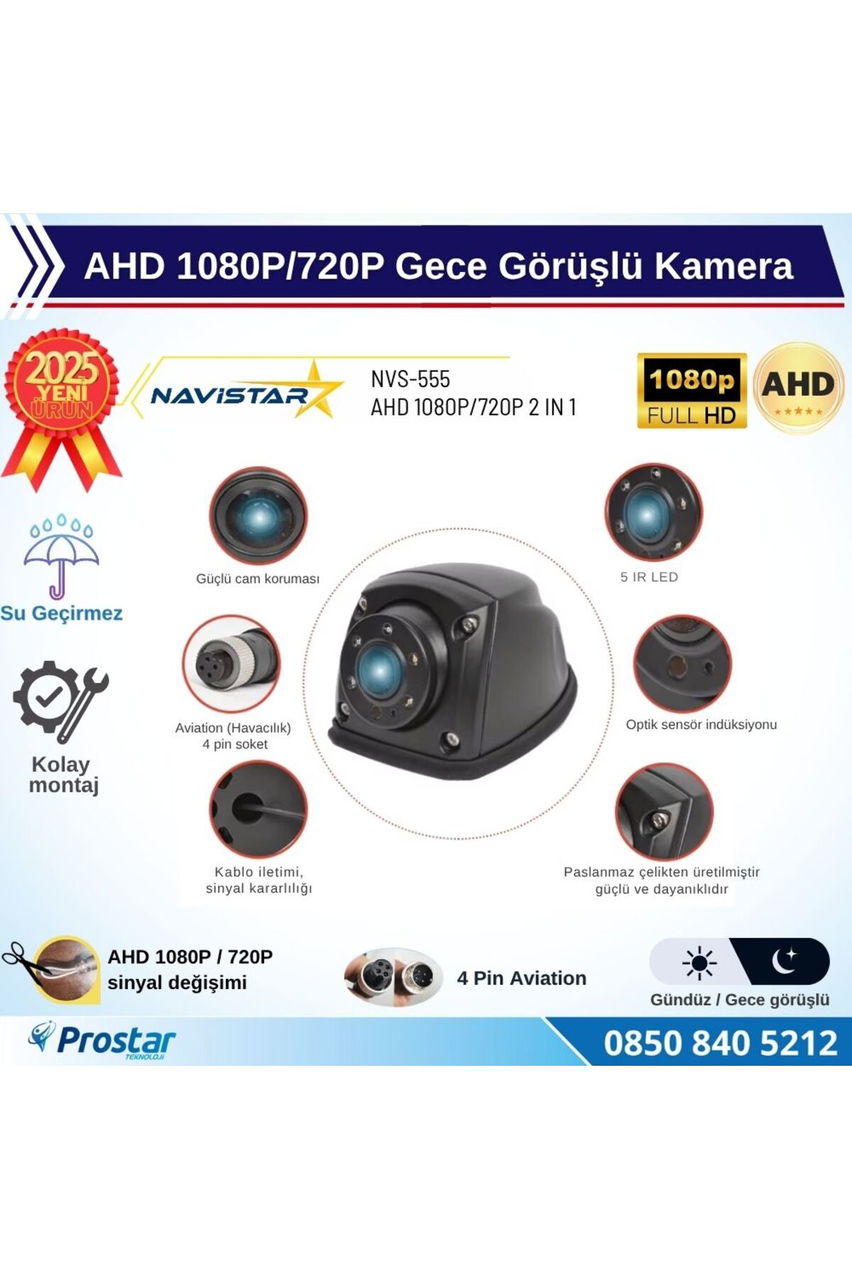 Navistar Metal Mini Gece Görüşlü Ahd 1080P/720P 4 Pin Soketli Yan İçin Uyg