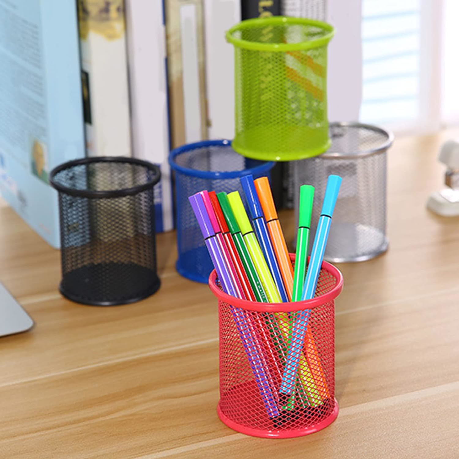 Metal Perfore Kalemlik Örgü Yuvarlak Kalemlik Kutu Masaüstü Tel K