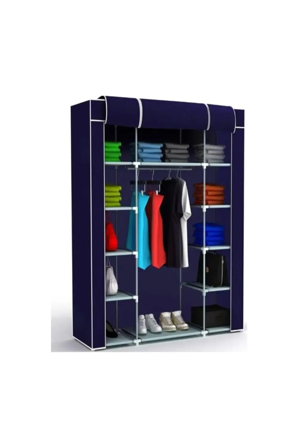 Metal Profilli 12 Raflı 155 Cm Askılıklı Portatif Bez Dolap