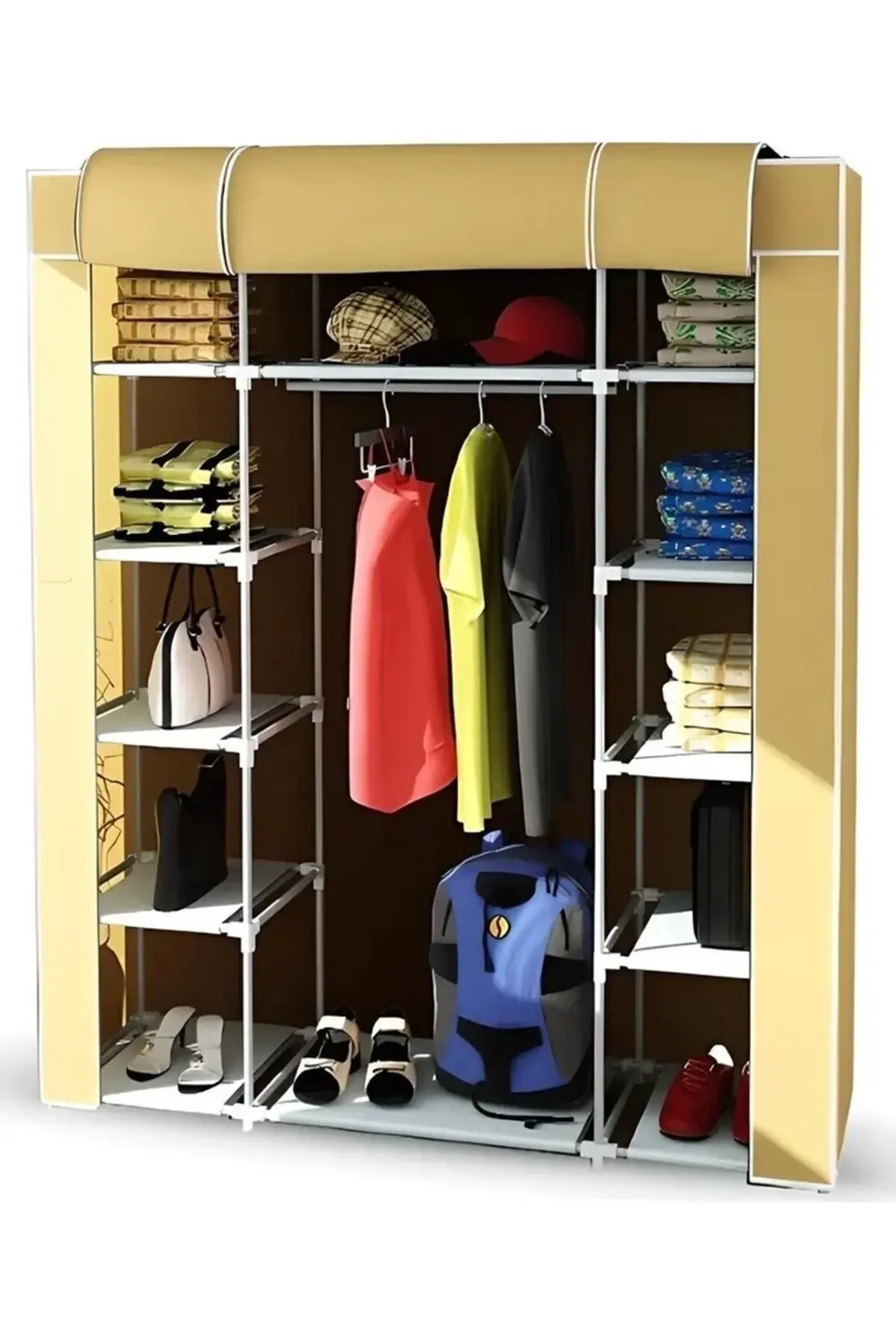 Metal Profilli 12 Raflı 155 Cm Askılıklı Portatif Bez Dolap