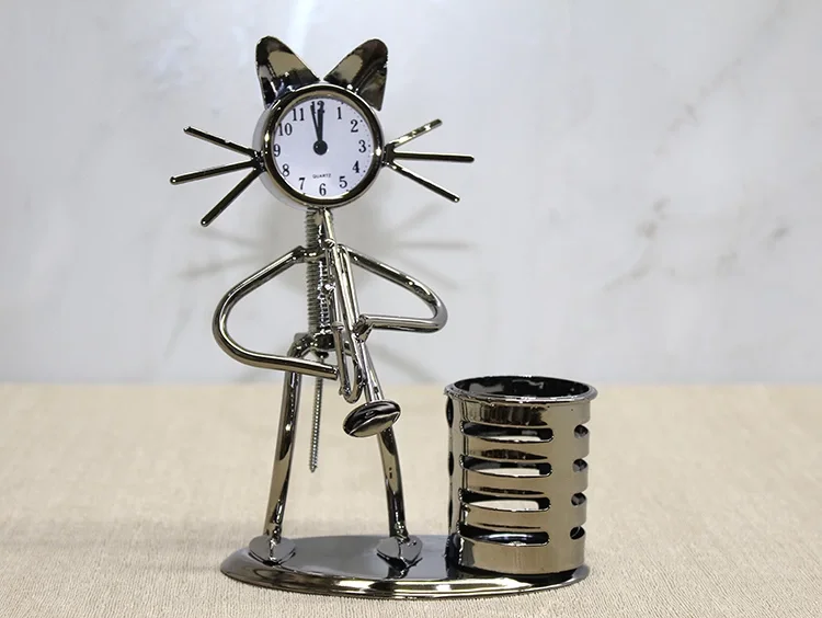 Metal Saksafon Çalan Kedi Müzisyen Saat Ve Kalemlik Alk4346