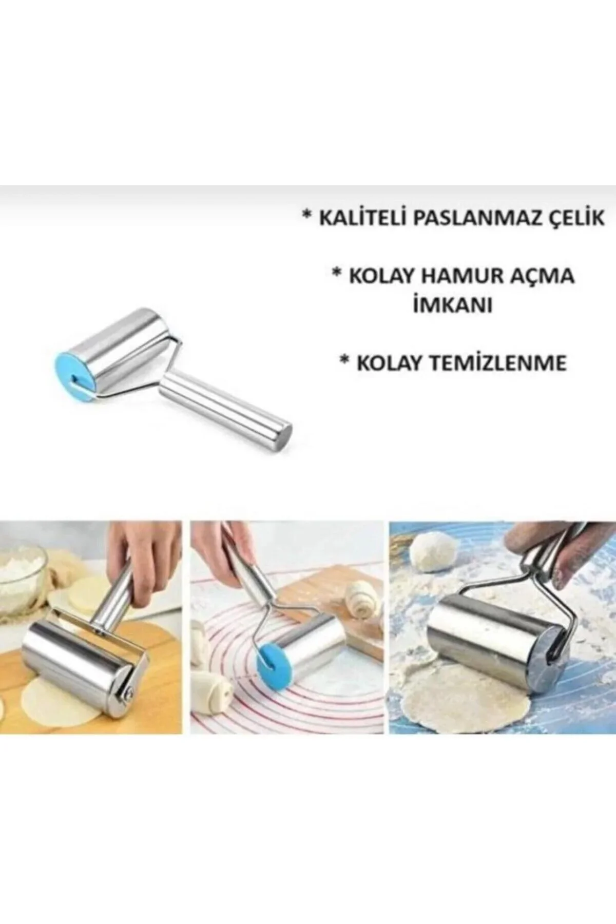 Metal Saplı Rulo Hamur Açıcı Merdane Pürüzsüz Oklava Pizza Börek 