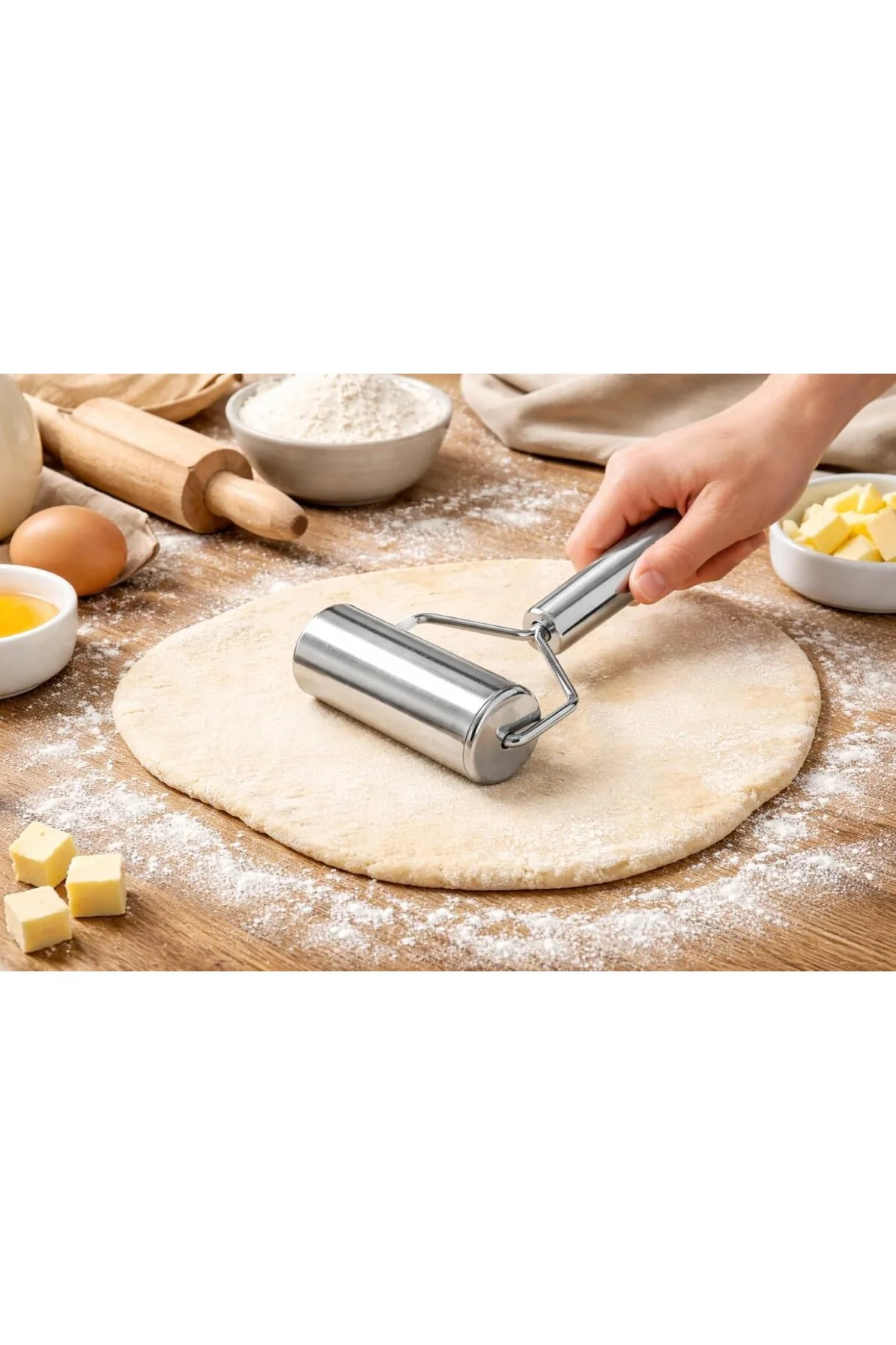 Metal Saplı Rulo Hamur Açıcı Merdane Pürüzsüz Oklava Pizza Börek 