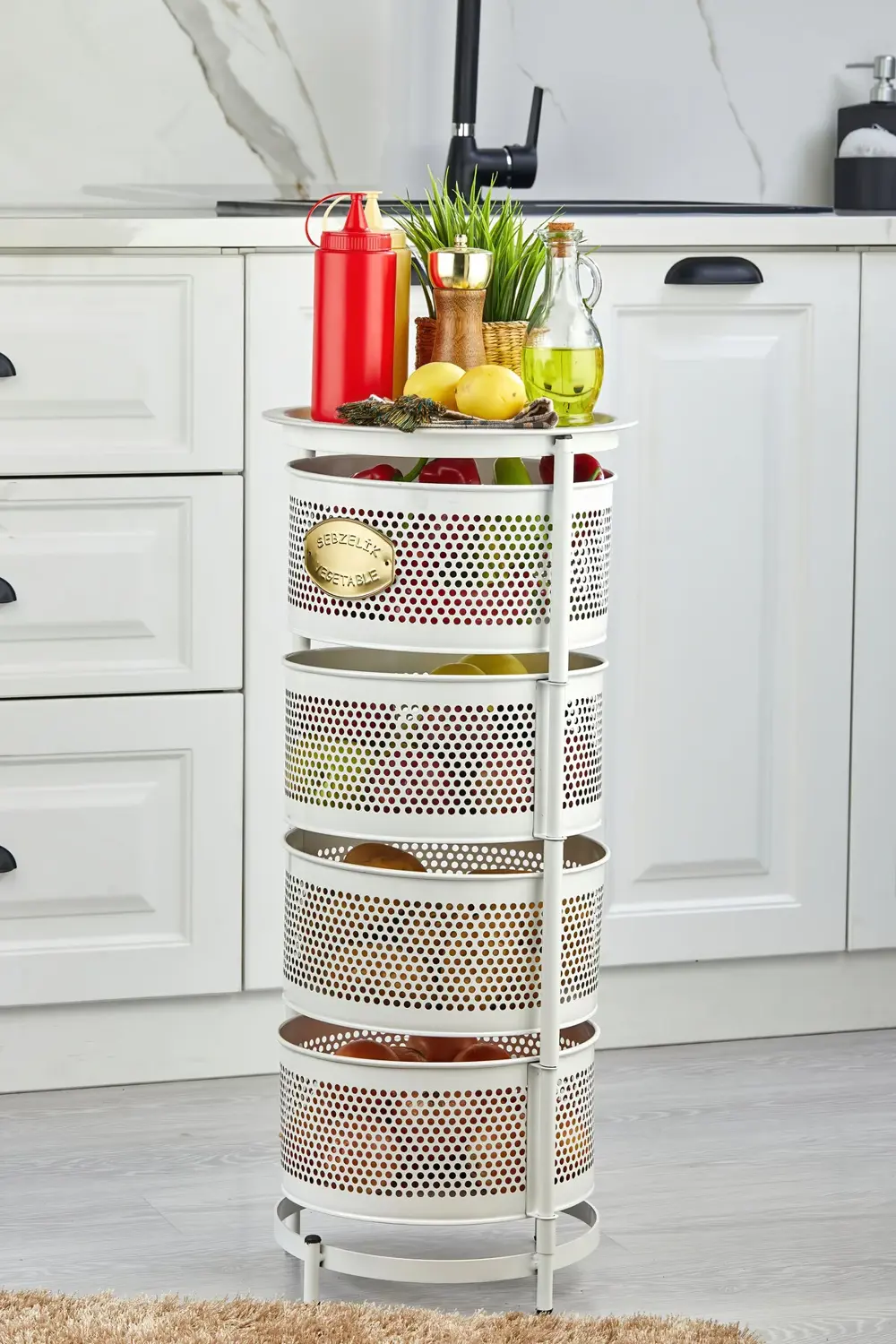 Metal Sebzelik Meyvelik, Yuvarlak Mutfak Rafı, Çok Amaçlı Patates