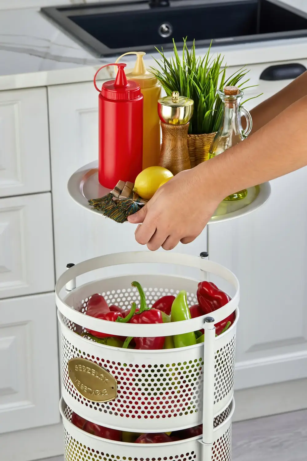 Metal Sebzelik Meyvelik, Yuvarlak Mutfak Rafı, Çok Amaçlı Patates