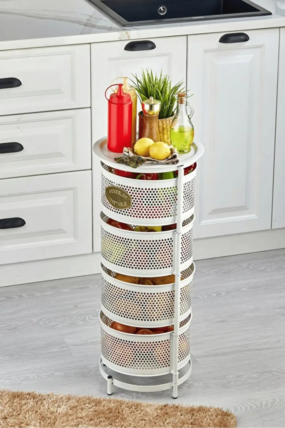 Metal Sebzelik Meyvelik, Yuvarlak Mutfak Rafı, Çok Amaçlı Patates