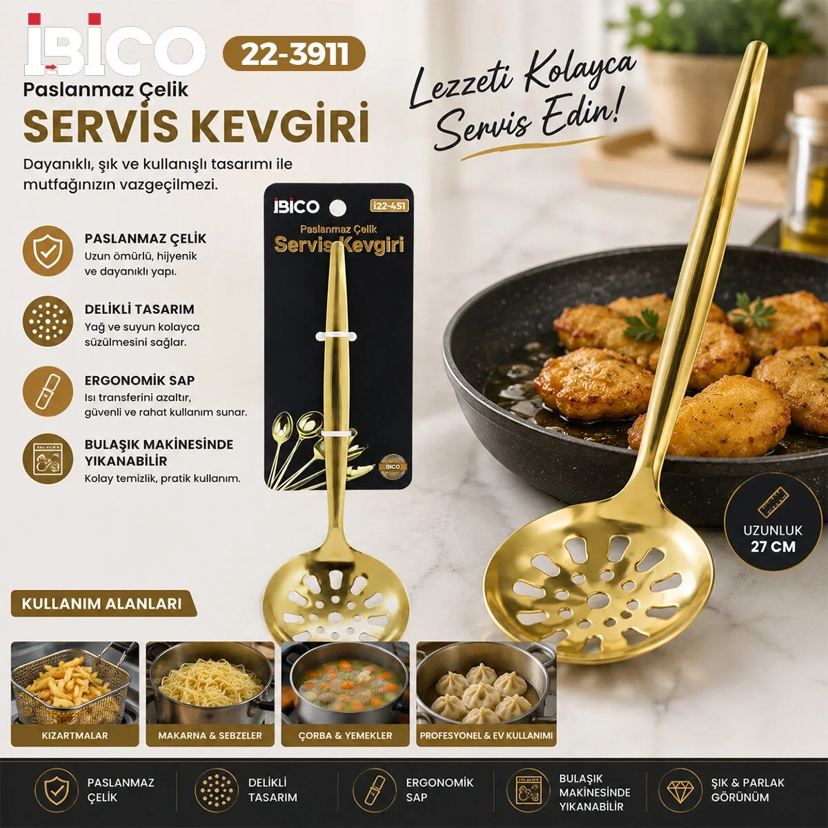 Metal Servis Kevgiri - 27 cm - Gold Renk