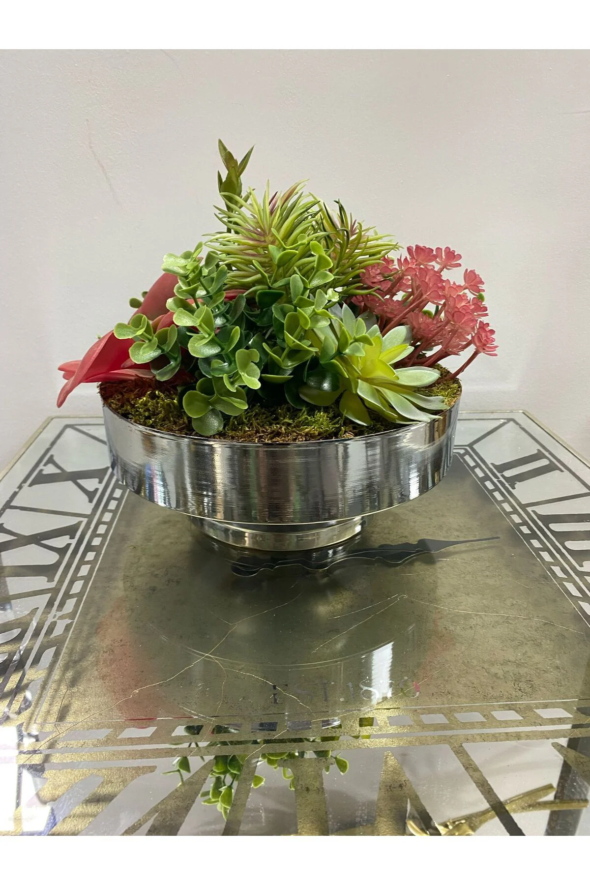 Metal Sılver Saksılı Sukulent Arajman 25x25cm