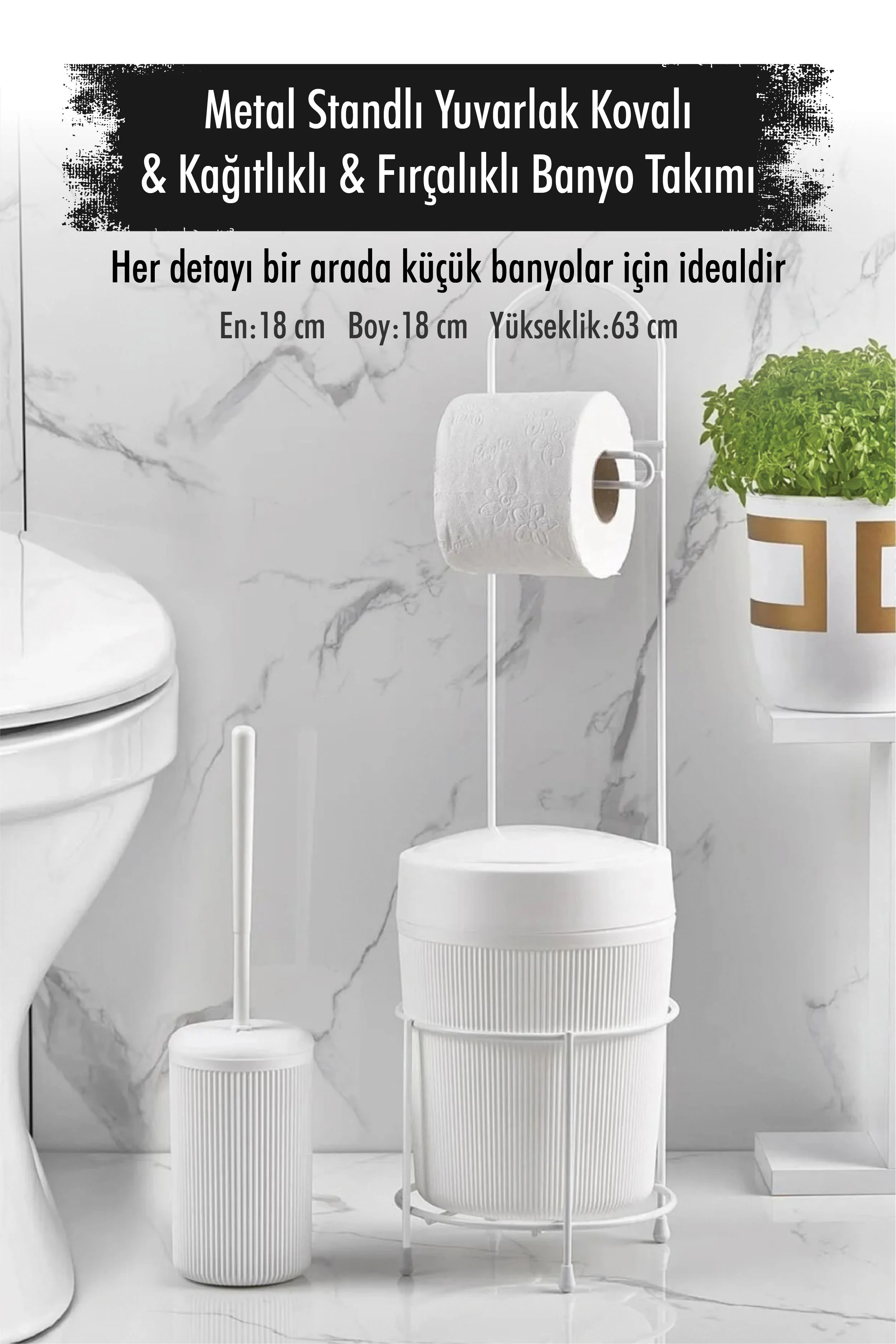 Metal Standlı Yuvarlak Kovalı &amp; Kağıtlıklı &amp; Fırçalıklı Beyaz Banyo Takımı
