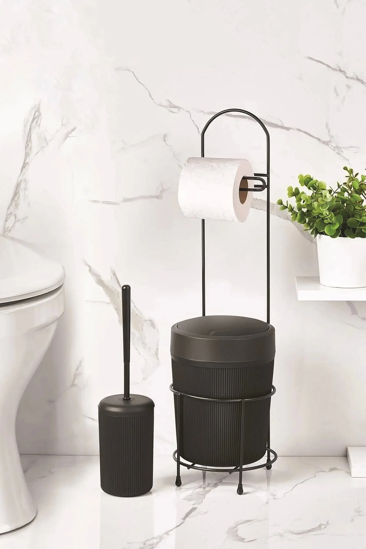 Metal Standlı Yuvarlak Kovalı & Kağıtlıklı & Fırçalıklı Siyah Ban