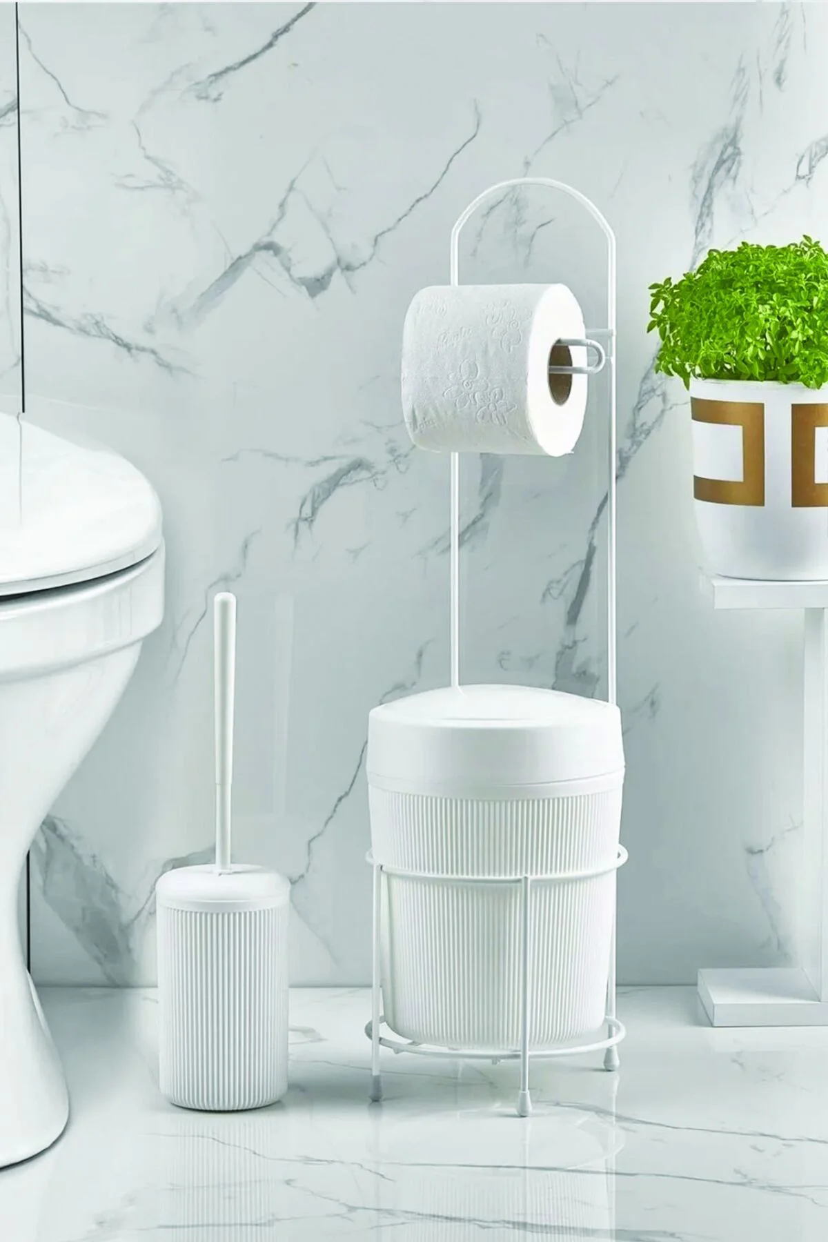 Metal Standlı Yuvarlak Kovalı & Kağıtlıklı & Fırçalıklı Beyaz Ban