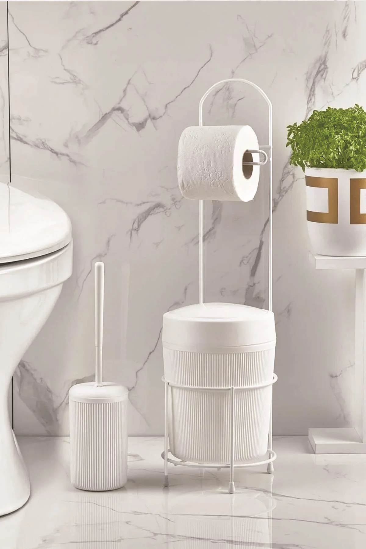 Metal Standlı Yuvarlak Kovalı &amp; Kağıtlıklı &amp; Fırçalıklı Beyaz Banyo Takımı