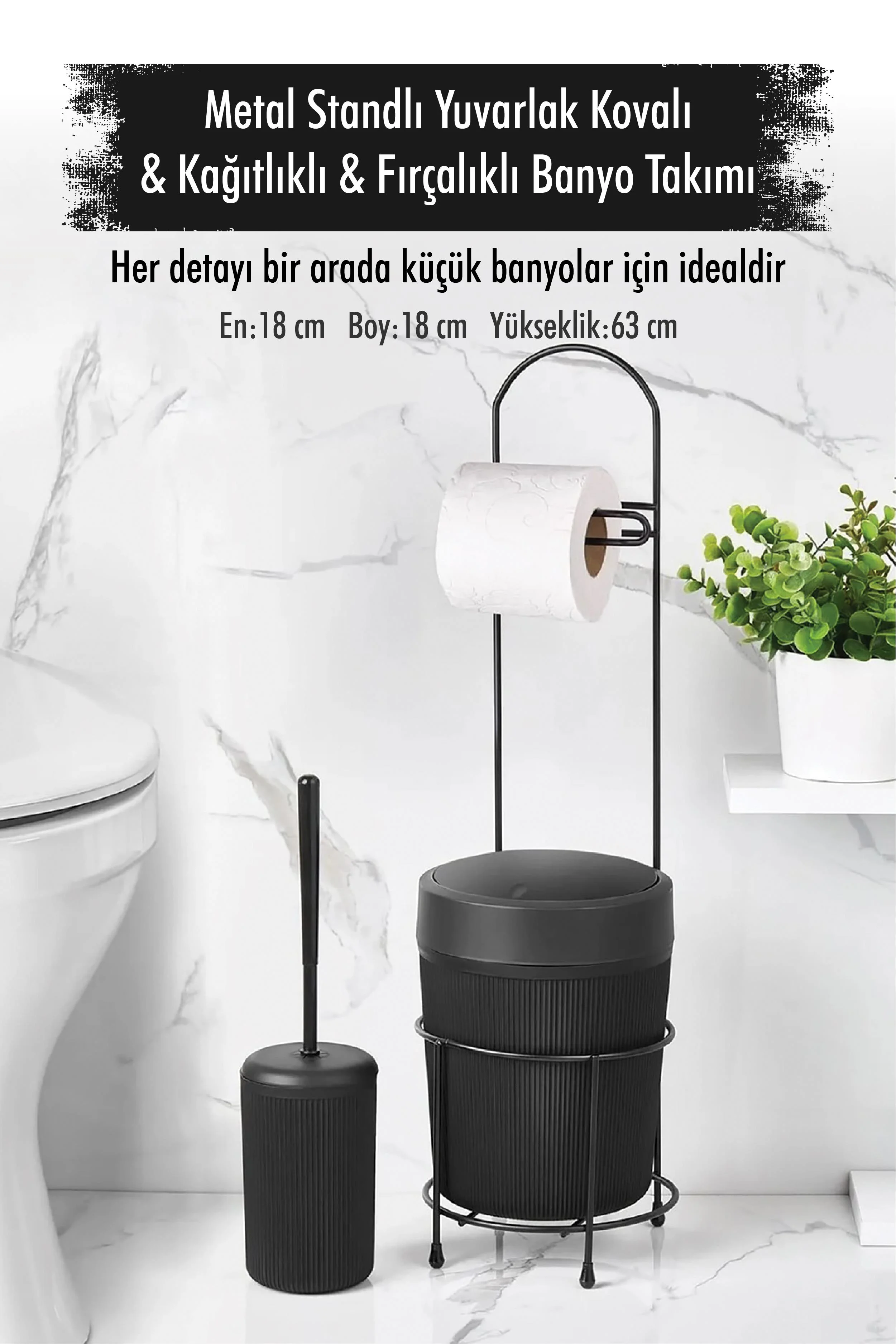 Metal Standlı Yuvarlak Kovalı &amp; Kağıtlıklı &amp; Fırçalıklı Siyah Banyo Takımı