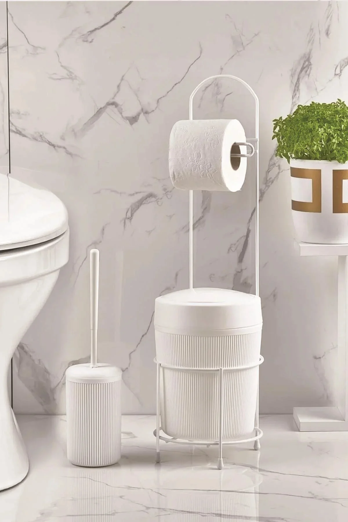 Metal Standlı Yuvarlak Kovalı & Kağıtlıklı & Fırçalıklı Beyaz Banyo Takımı