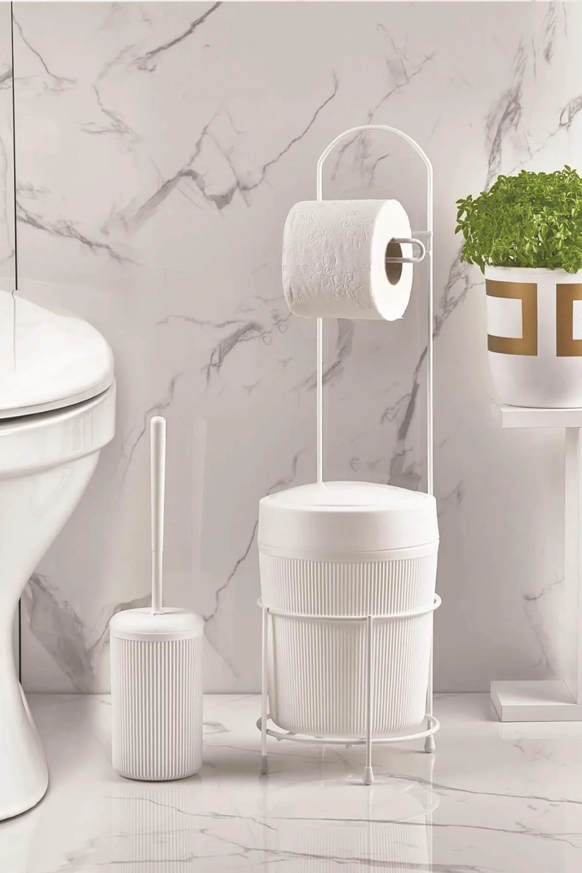 Metal Standlı Yuvarlak Kovalı & Kağıtlıklı & Fırçalıklı Beyaz Banyo Takımı - Görsel 2